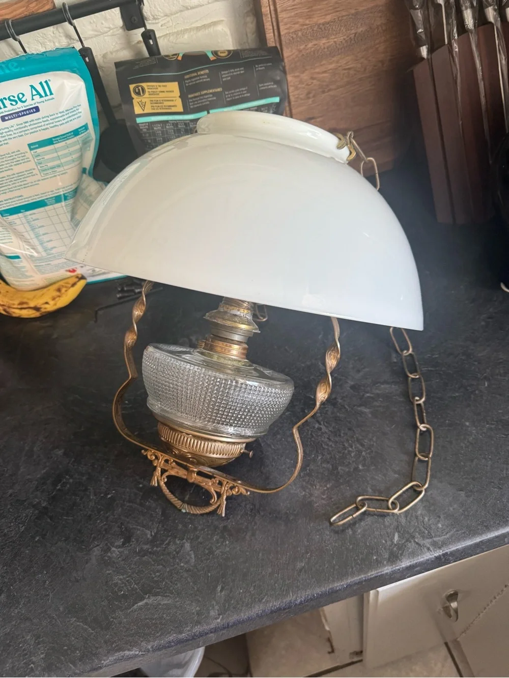 Antique- oil lampStyle White Glass & Brass Hanging Lamp - Home Accents